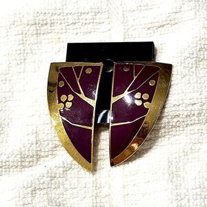 Burgundy and Gold Women’s Large Glossy Triangular Earrings with Tree print